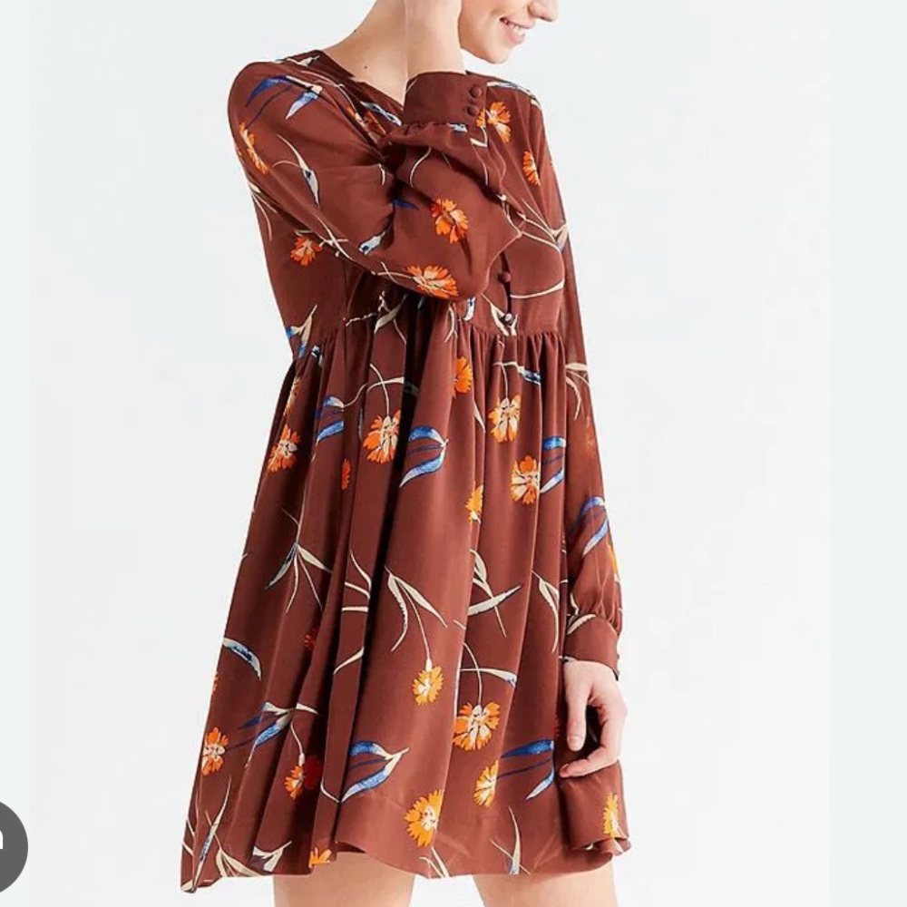 Urban Outfitters Retro Brown Floral Babydoll Dress Long Sleeves Fall Boho Chic